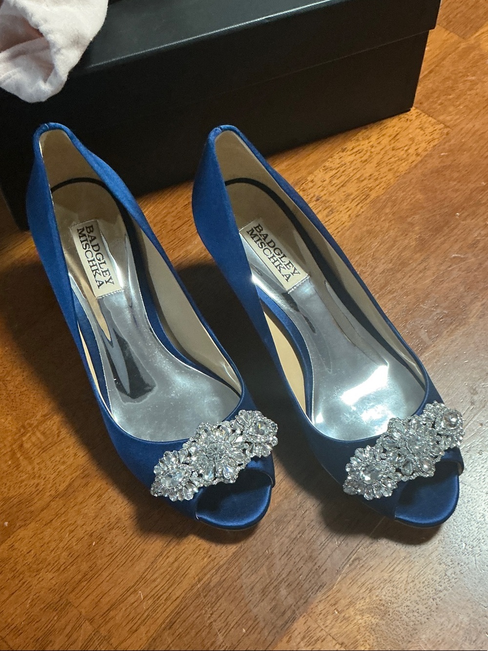 Badgley Mischka Navy Blue Satin Peep-Toe Heels with Crystal Accent - Picture 3 of 5